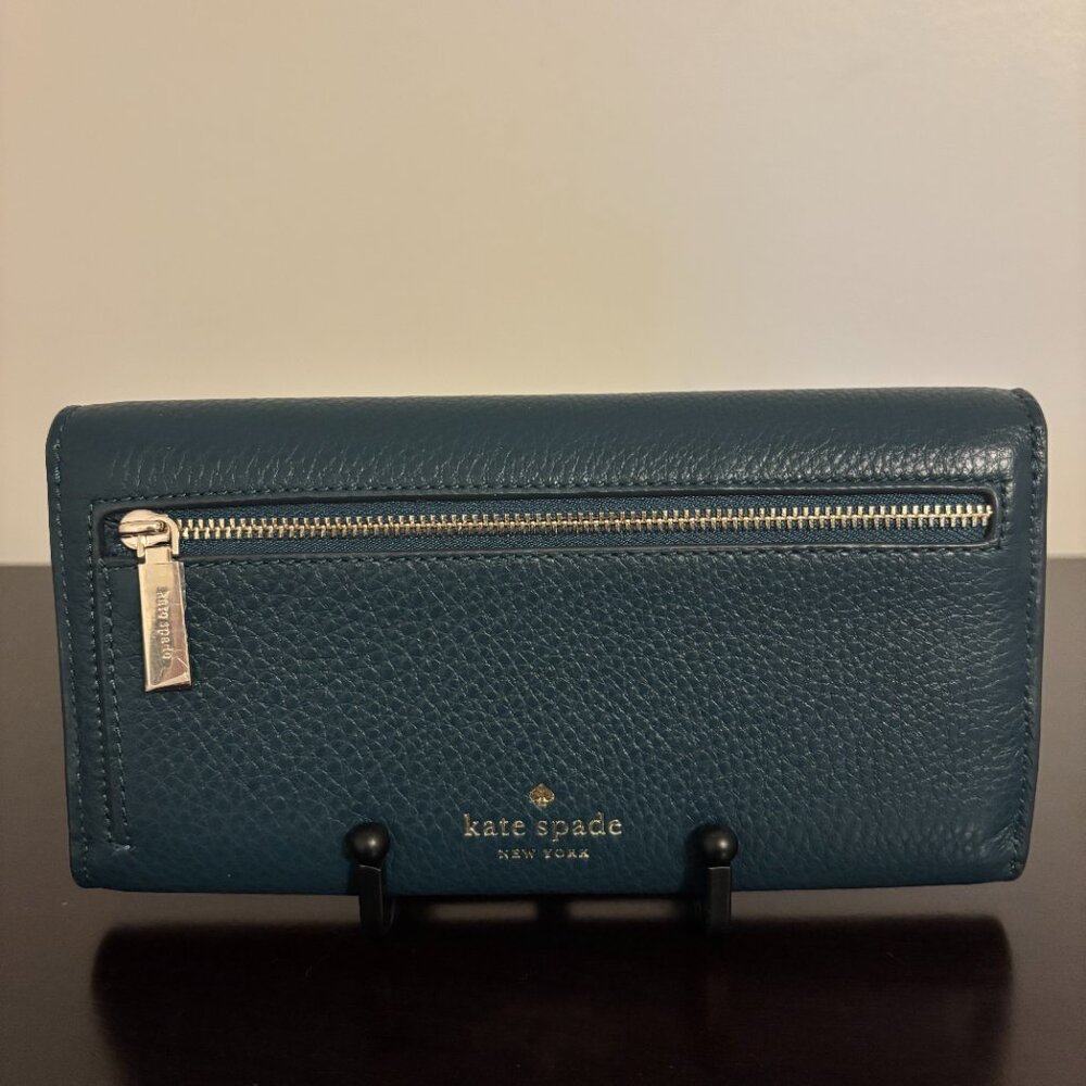 Kate Spade Marti Dark Blue Green Pebbled Leather Large Slim Flap Wallet - Picture 4 of 10